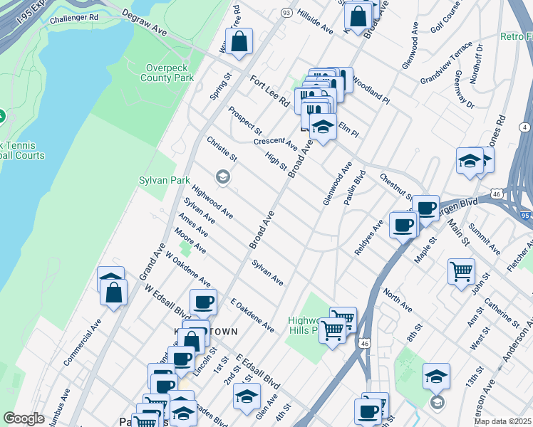 map of restaurants, bars, coffee shops, grocery stores, and more near 222 Christie Street in Leonia