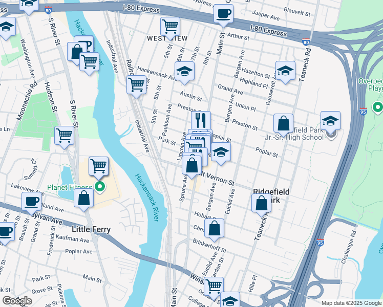 map of restaurants, bars, coffee shops, grocery stores, and more near 240 Main Street in Ridgefield Park