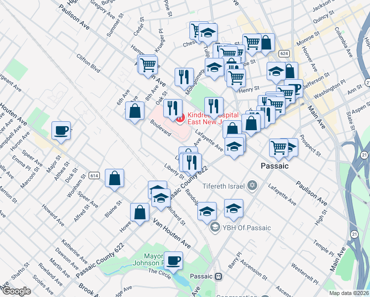 map of restaurants, bars, coffee shops, grocery stores, and more near 15 Crescent Place in Passaic