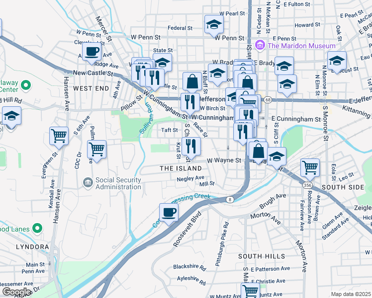 map of restaurants, bars, coffee shops, grocery stores, and more near 400 West Diamond Street in Butler