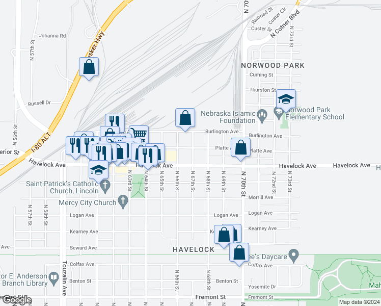 map of restaurants, bars, coffee shops, grocery stores, and more near 4500 North 66th Street in Lincoln