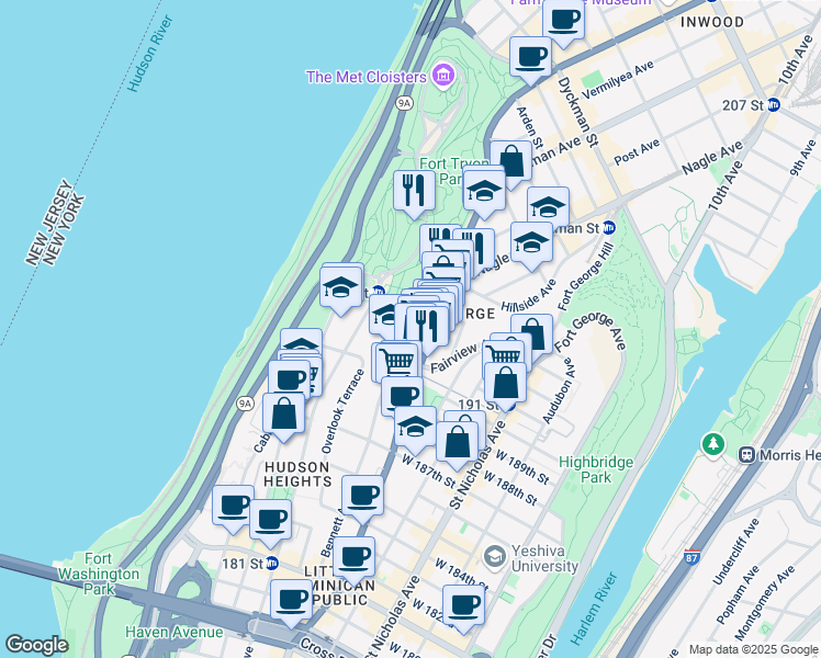 map of restaurants, bars, coffee shops, grocery stores, and more near 730 Fort Washington Avenue in New York
