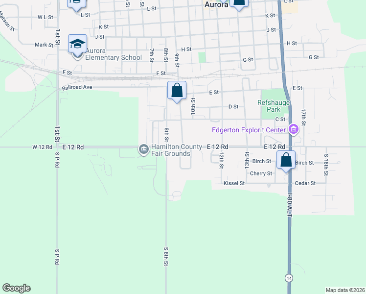 map of restaurants, bars, coffee shops, grocery stores, and more near 100 9th Street in Aurora