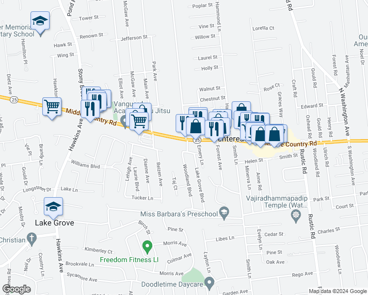 map of restaurants, bars, coffee shops, grocery stores, and more near 4 Lake Grove Boulevard in Centereach