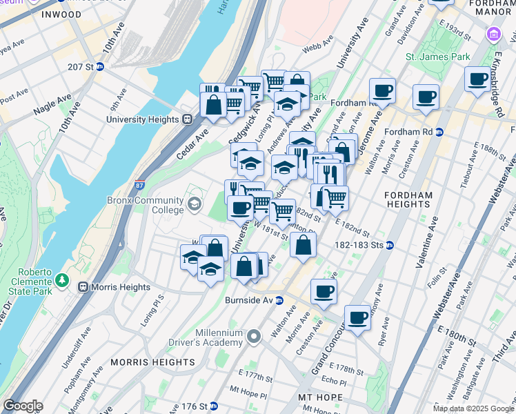 map of restaurants, bars, coffee shops, grocery stores, and more near 2194 Andrews Avenue North in Bronx