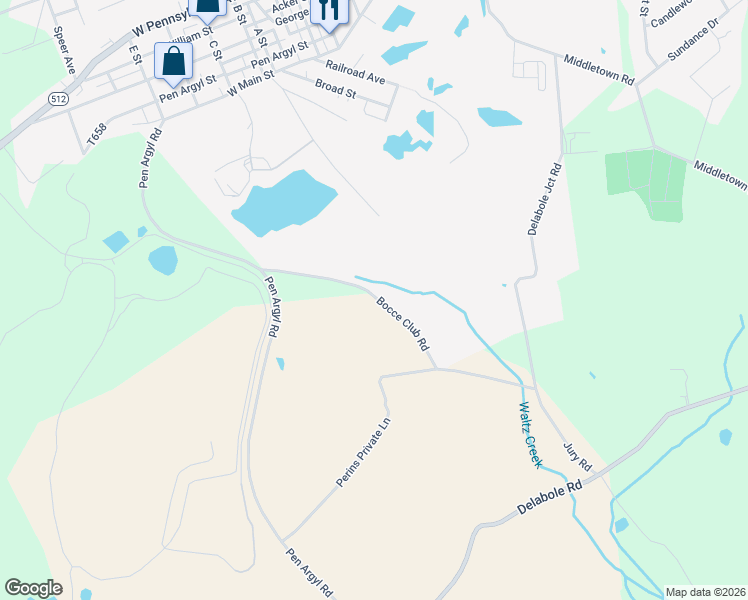 map of restaurants, bars, coffee shops, grocery stores, and more near 986 Bocce Club Road in Pen Argyl