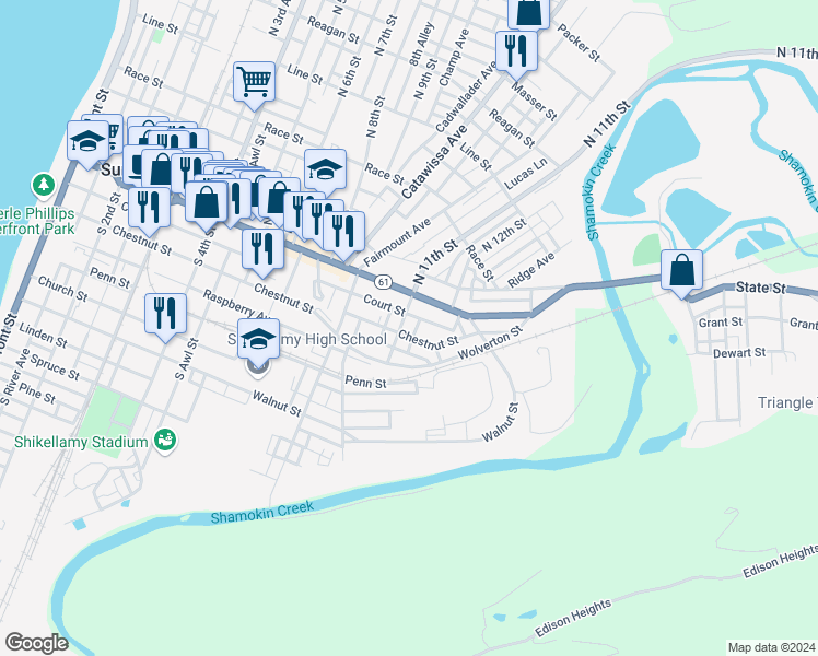 map of restaurants, bars, coffee shops, grocery stores, and more near 40 South 11th Street in Sunbury