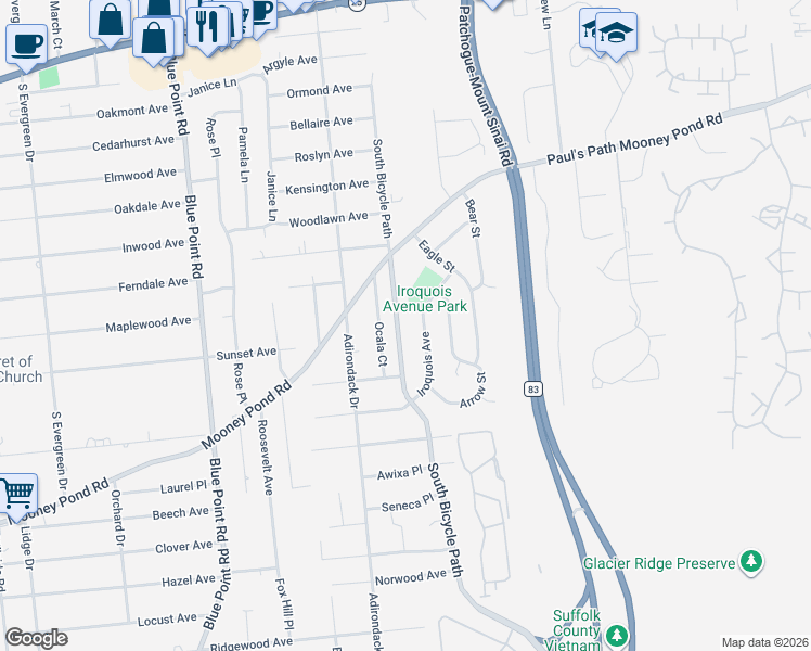 map of restaurants, bars, coffee shops, grocery stores, and more near 77 South Bicycle Path in Selden