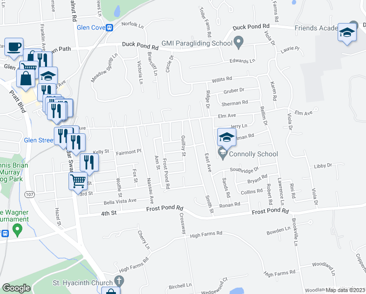map of restaurants, bars, coffee shops, grocery stores, and more near Guilfoy Street in Glen Cove