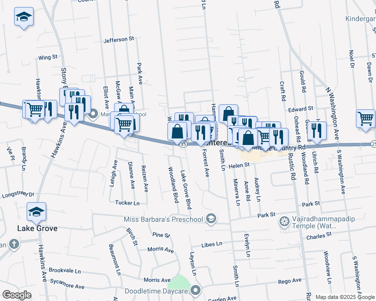 map of restaurants, bars, coffee shops, grocery stores, and more near 2545 Middle Country Road in Centereach