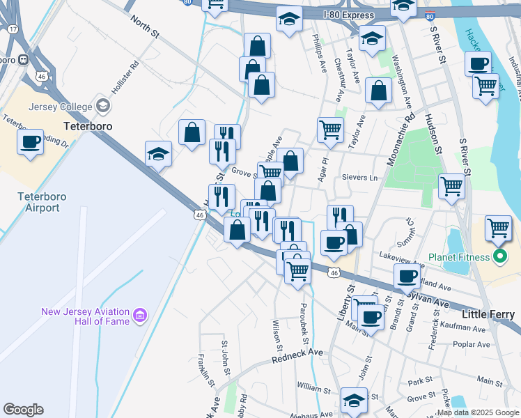 map of restaurants, bars, coffee shops, grocery stores, and more near 74 Louis Court in South Hackensack