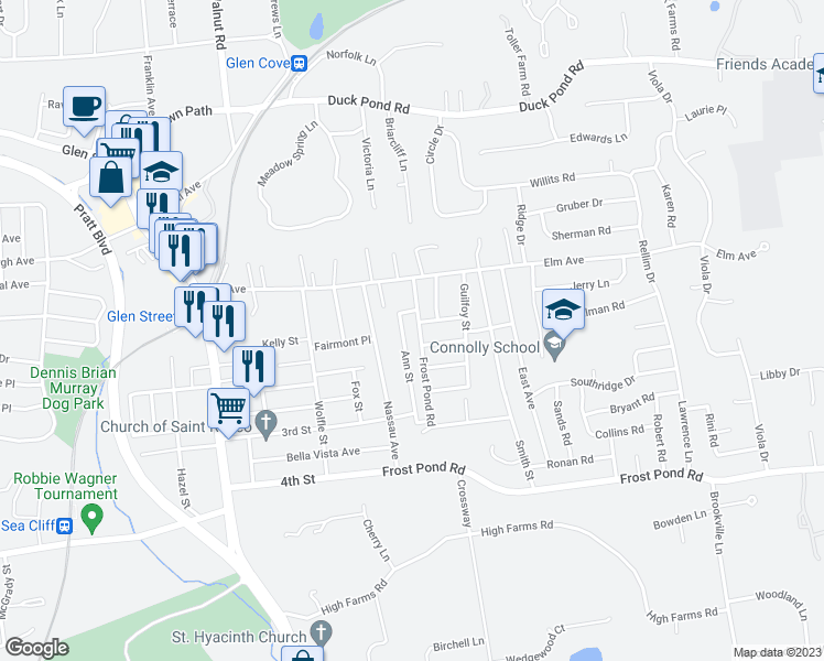 map of restaurants, bars, coffee shops, grocery stores, and more near 2 Ann Street in Glen Cove