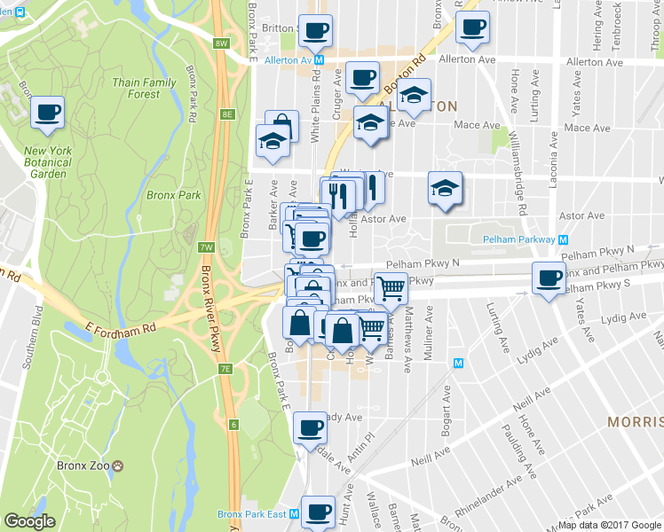 map of restaurants, bars, coffee shops, grocery stores, and more near Pelham Parkway North in Bronx