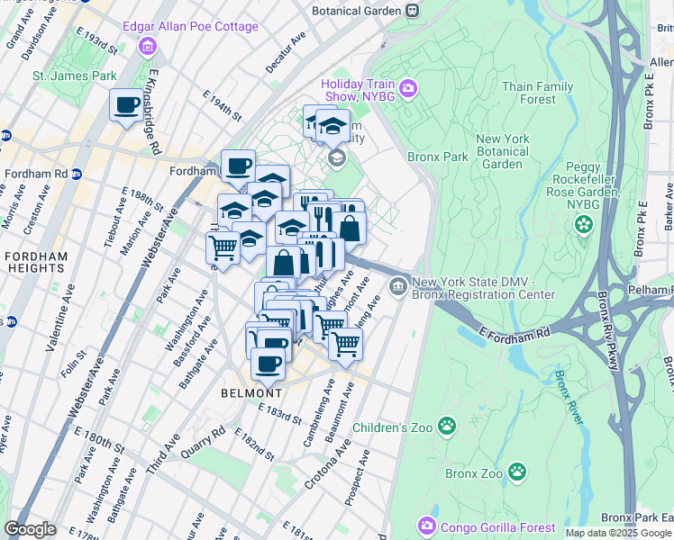 map of restaurants, bars, coffee shops, grocery stores, and more near 580E East Fordham Road in The Bronx