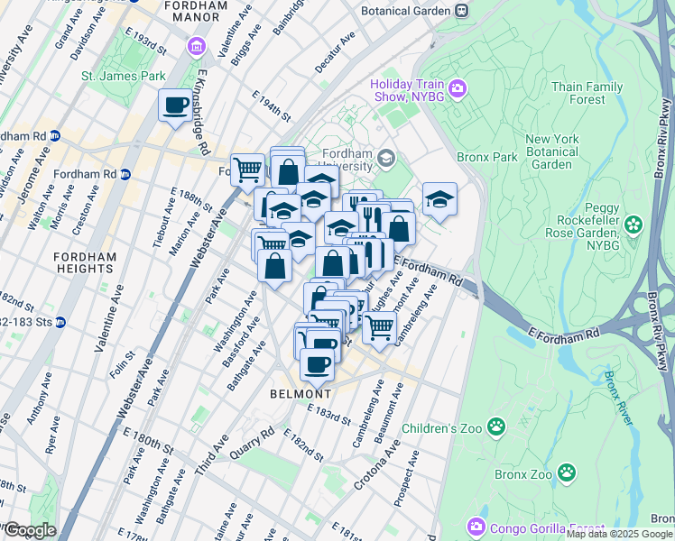 map of restaurants, bars, coffee shops, grocery stores, and more near 2502 Lorillard Place in Bronx