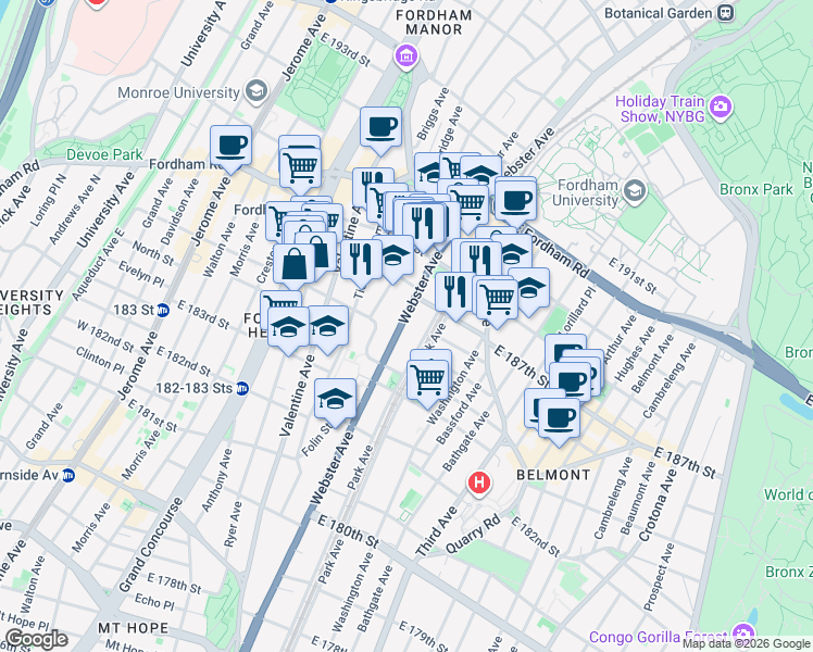 map of restaurants, bars, coffee shops, grocery stores, and more near 2400 Marion Avenue in Bronx