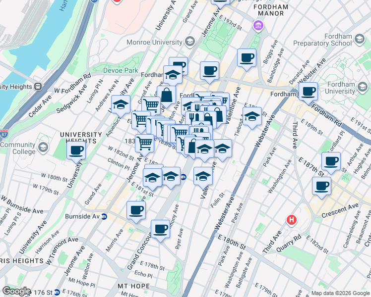 map of restaurants, bars, coffee shops, grocery stores, and more near 2316 Creston Avenue in Bronx