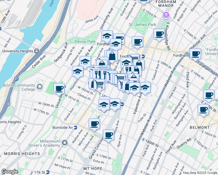 map of restaurants, bars, coffee shops, grocery stores, and more near 2301 Morris Avenue in Bronx