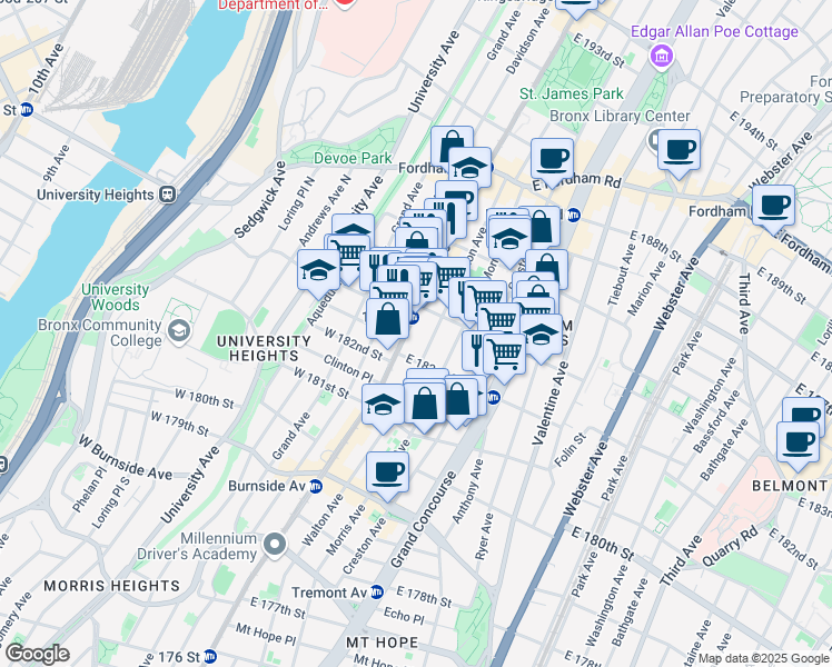 map of restaurants, bars, coffee shops, grocery stores, and more near in The Bronx