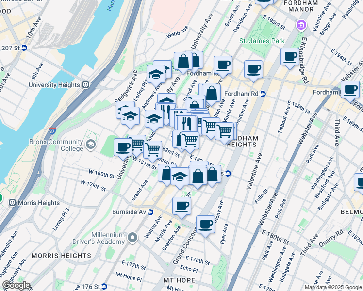 map of restaurants, bars, coffee shops, grocery stores, and more near in The Bronx