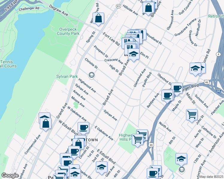 map of restaurants, bars, coffee shops, grocery stores, and more near 222 Christie Street in Leonia
