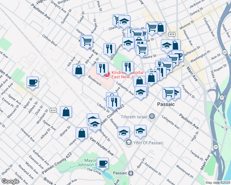 map of restaurants, bars, coffee shops, grocery stores, and more near 15 Crescent Place in Passaic