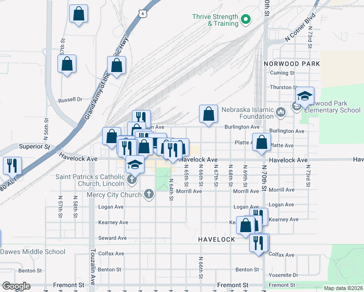 map of restaurants, bars, coffee shops, grocery stores, and more near 6500 Platte Avenue in Lincoln