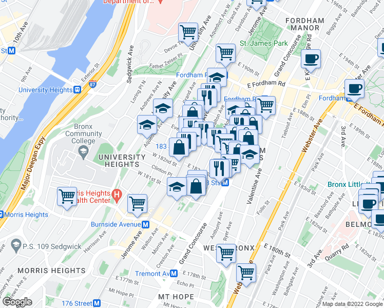 map of restaurants, bars, coffee shops, grocery stores, and more near 2246 Jerome Avenue in Bronx