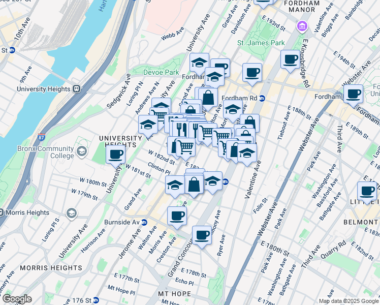map of restaurants, bars, coffee shops, grocery stores, and more near 2246 Jerome Avenue in Bronx