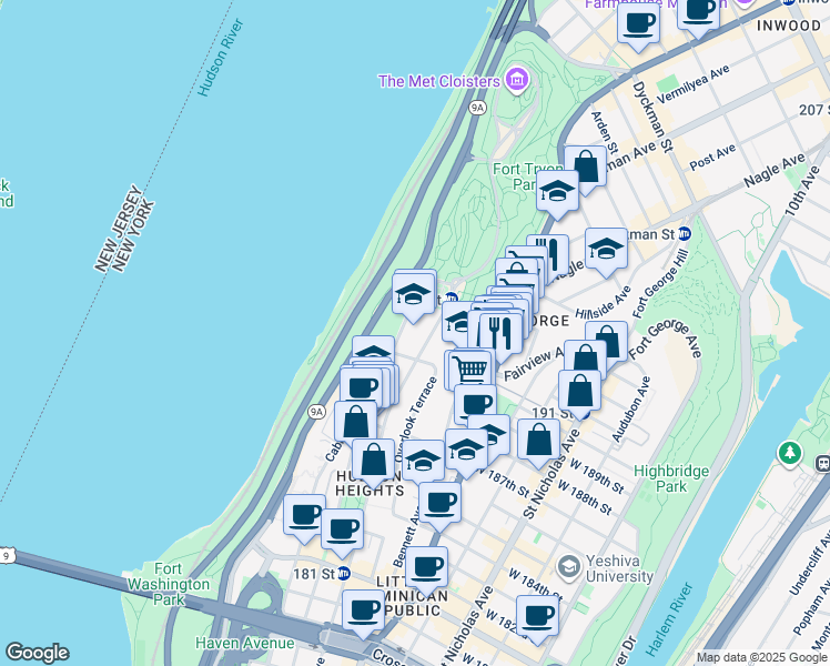 map of restaurants, bars, coffee shops, grocery stores, and more near 701 Fort Washington Avenue in New York