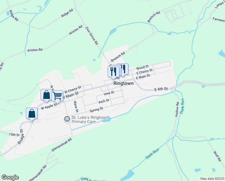map of restaurants, bars, coffee shops, grocery stores, and more near 111 Vine Street in Ringtown