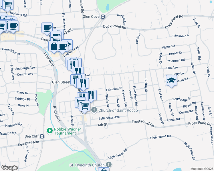 map of restaurants, bars, coffee shops, grocery stores, and more near 17 Wolfle Street in Glen Cove