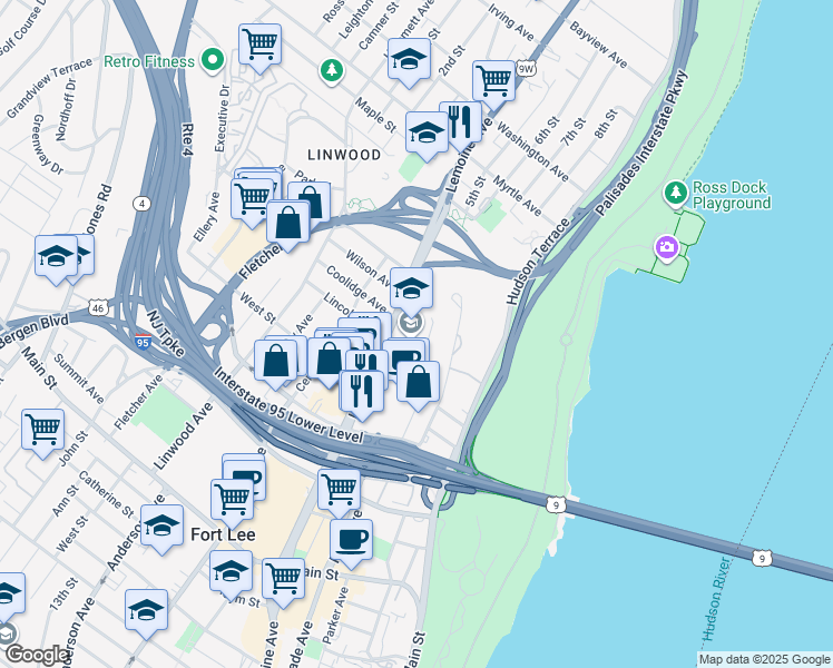 map of restaurants, bars, coffee shops, grocery stores, and more near 3000 Lemoine Avenue in Fort Lee