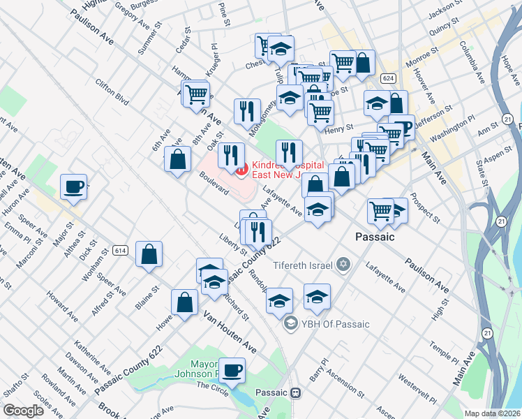 map of restaurants, bars, coffee shops, grocery stores, and more near 15 Crescent Place in Passaic