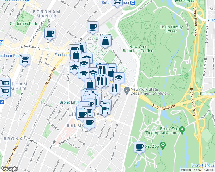 map of restaurants, bars, coffee shops, grocery stores, and more near 2500 Arthur Avenue in Bronx