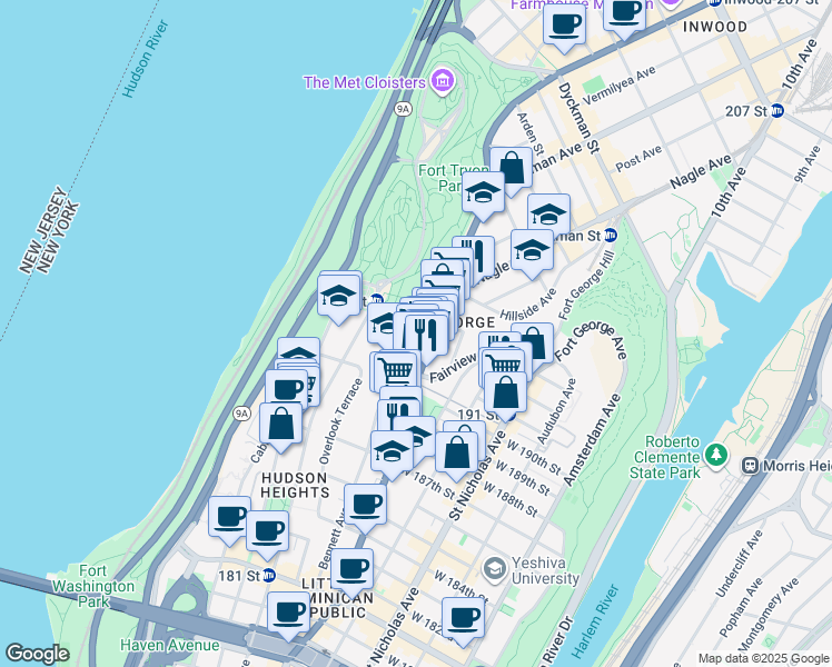 map of restaurants, bars, coffee shops, grocery stores, and more near 730 Fort Washington Avenue in New York