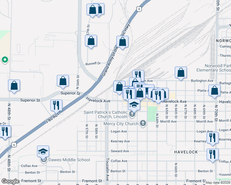 map of restaurants, bars, coffee shops, grocery stores, and more near 25 North 60th Street in Lincoln