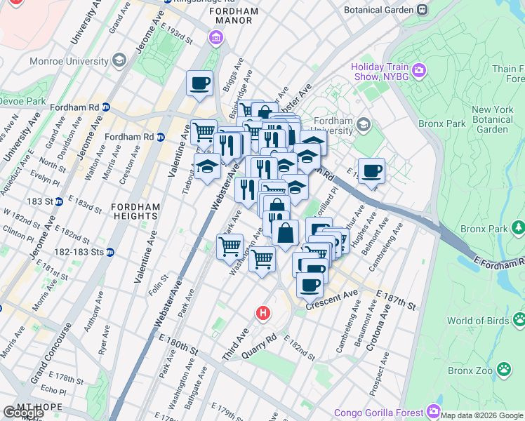 map of restaurants, bars, coffee shops, grocery stores, and more near 4720 3rd Avenue in Bronx