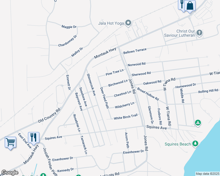 map of restaurants, bars, coffee shops, grocery stores, and more near 14 Birchwood Lane in East Quogue