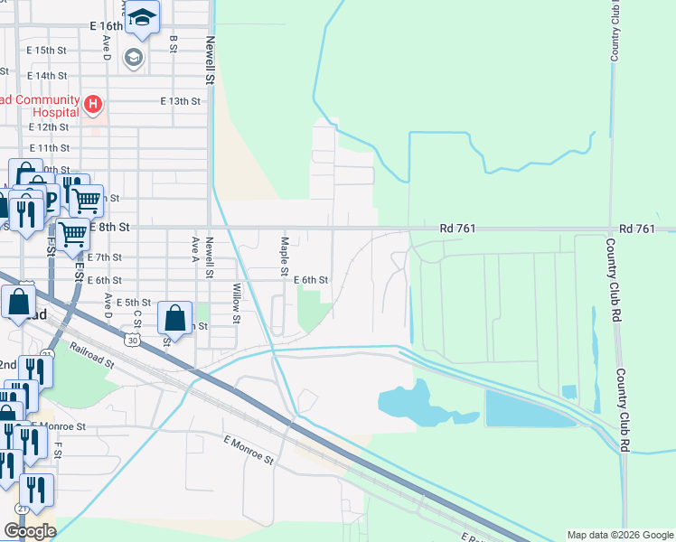 map of restaurants, bars, coffee shops, grocery stores, and more near 680-754 Locust Street in Cozad