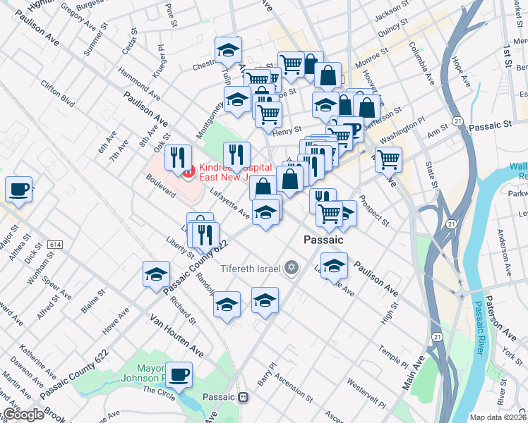 map of restaurants, bars, coffee shops, grocery stores, and more near 176 Broadway in Passaic