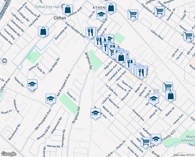 map of restaurants, bars, coffee shops, grocery stores, and more near 83 Samuel Avenue in Clifton