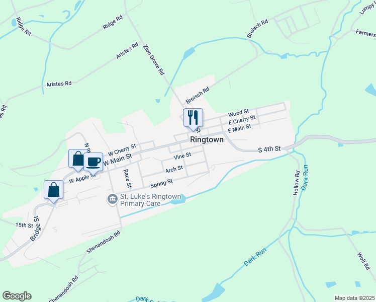 map of restaurants, bars, coffee shops, grocery stores, and more near 111 Vine Street in Ringtown