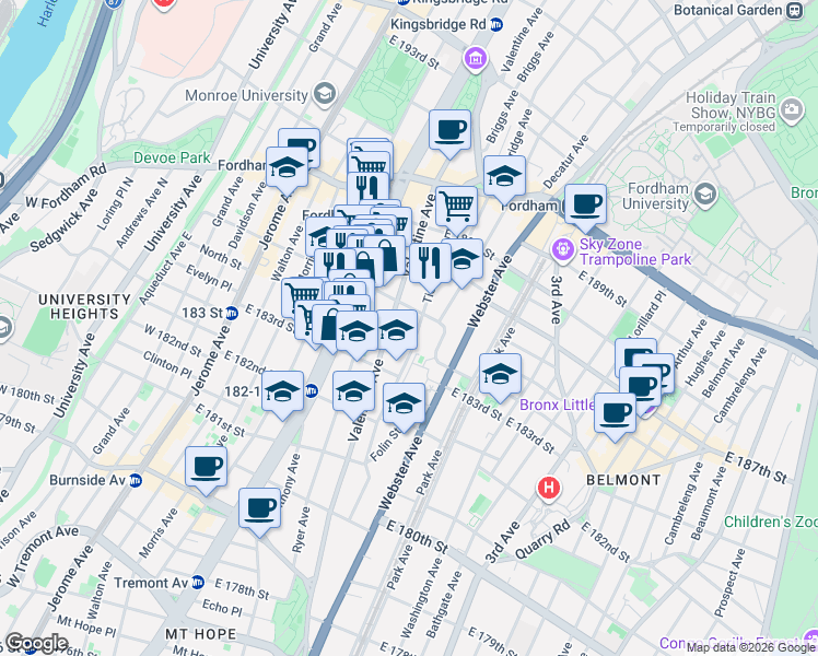 map of restaurants, bars, coffee shops, grocery stores, and more near in The Bronx