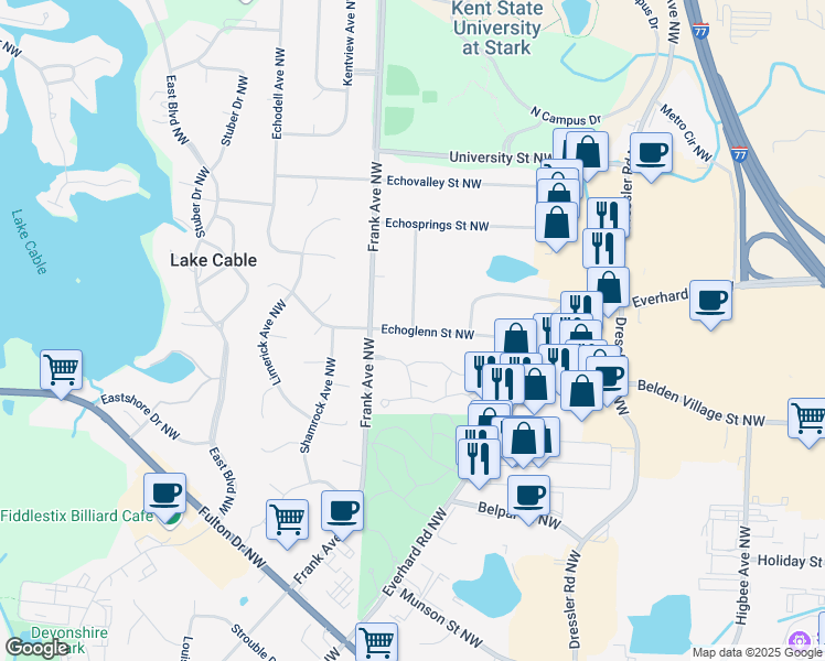 map of restaurants, bars, coffee shops, grocery stores, and more near 4784 Echohill Avenue Northwest in North Canton