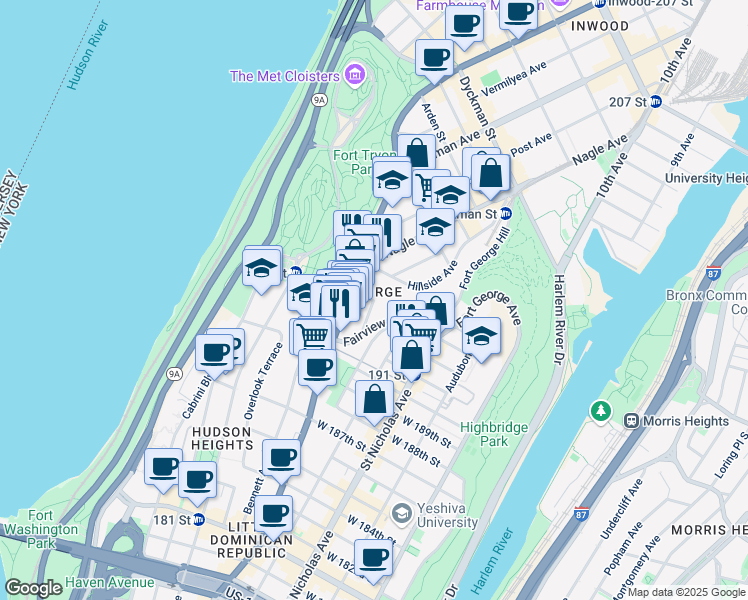 map of restaurants, bars, coffee shops, grocery stores, and more near W 193rd St & Broadway Terrace in New York