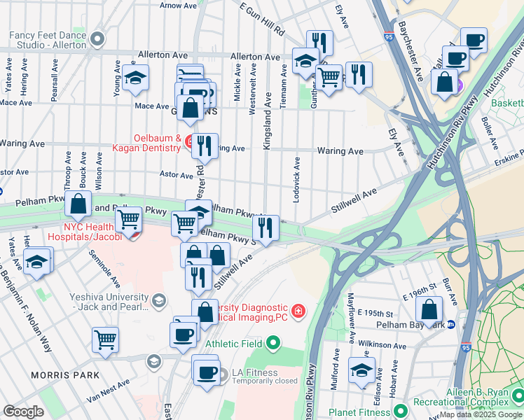 map of restaurants, bars, coffee shops, grocery stores, and more near 2226 Kingsland Avenue in Bronx