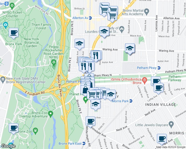 map of restaurants, bars, coffee shops, grocery stores, and more near 2232B White Plains Road in Bronx