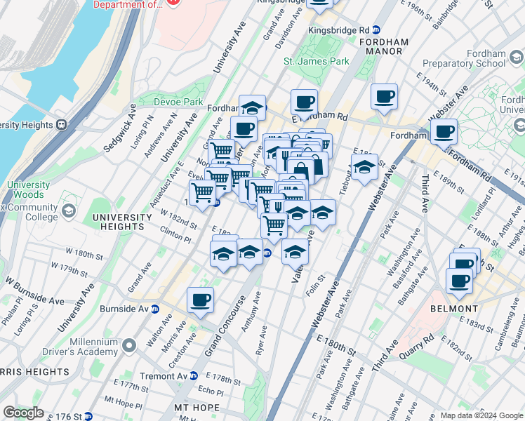 map of restaurants, bars, coffee shops, grocery stores, and more near 2316 Creston Avenue in Bronx