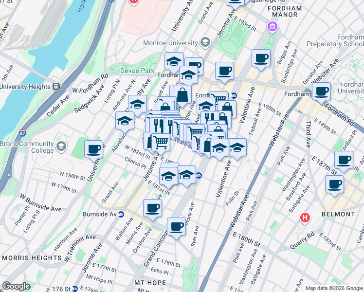 map of restaurants, bars, coffee shops, grocery stores, and more near 2301 Morris Avenue in Bronx